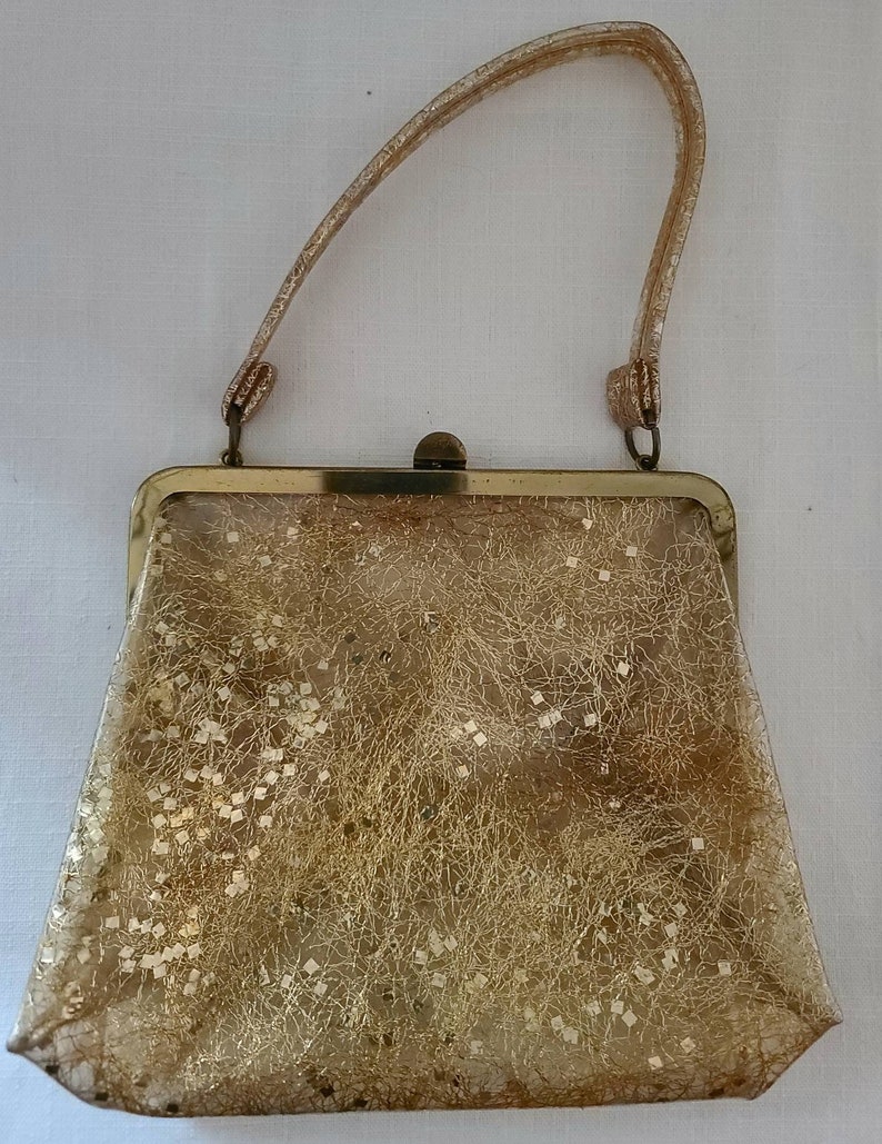 Sale vintage 1950s purse small clear vinyl gold tinsel chunky glitter top handle purse rockabilly image 6