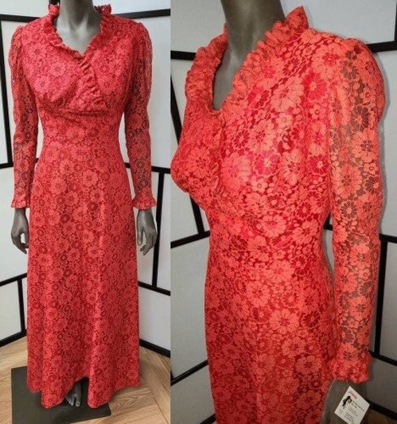 Vintage lace dress long 1960s red floral pattern l