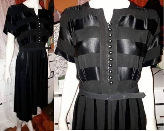 Vintage 1940s 50s dress black rayon crepe satin c… - image 1