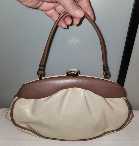 Vintage Vinyl Purse 1960s Oval Two Tone Brown Tau… - image 1