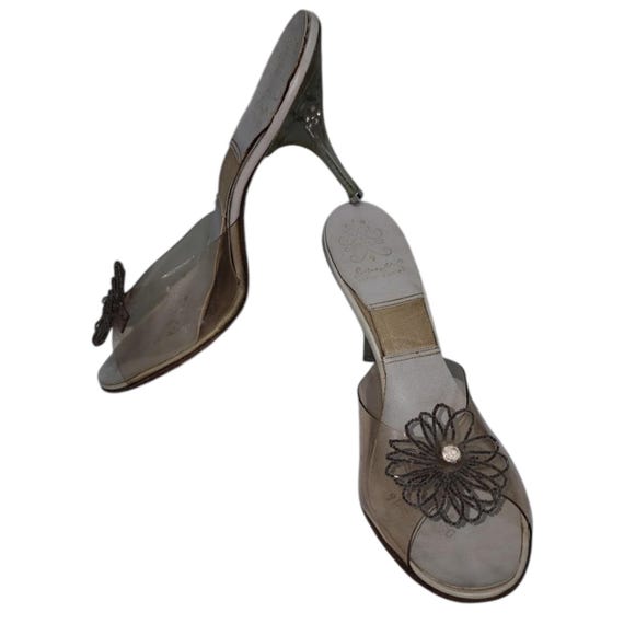 Vintage springolator shoes 1950s clear lucite rhinestone stiletto heel  slides glass bead rhinestone rosettes rockabilly pinup