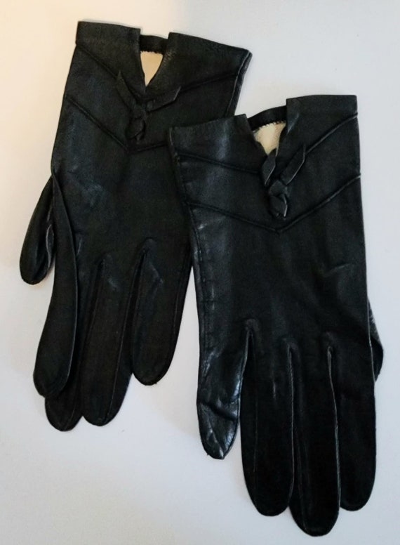 Vintage Leather Gloves 1950s Thin Black Leather W… - image 5