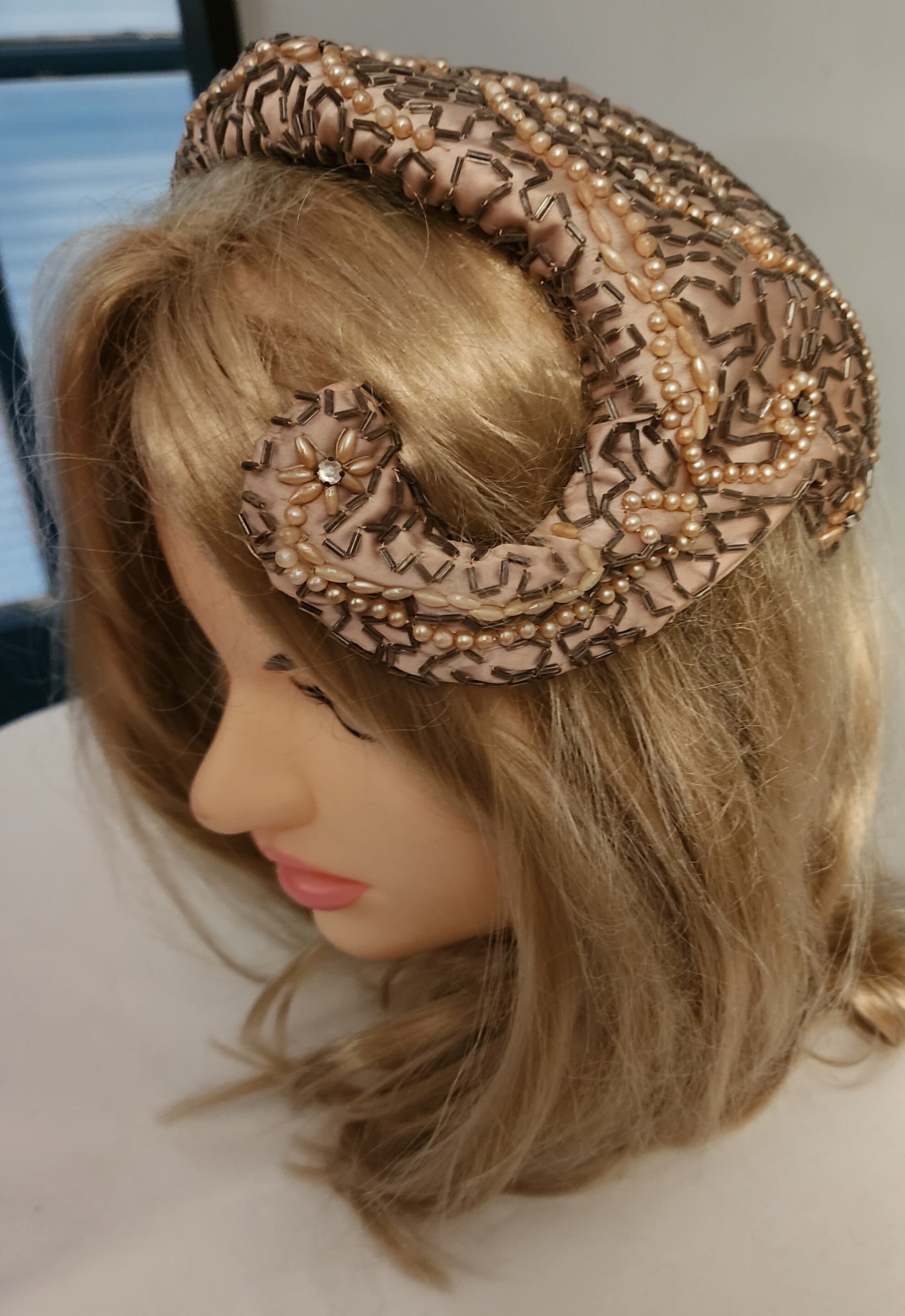 Vintage Beaded Hat 1950s Asymmetric Beige Satin Cocktail Hat 