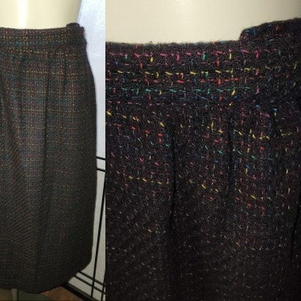 Vintage wool skirt classic 1970s does 1950s dk brown multicolor wool plaid pencil skirt mid century rockabilly block island petites s