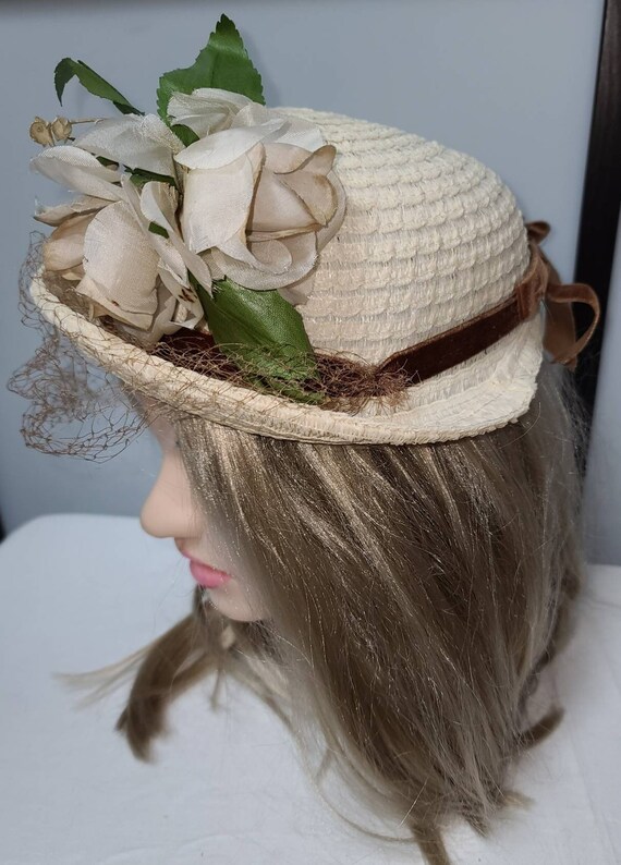 Vintage straw hat 1930s 40s round cream straw hat… - image 4