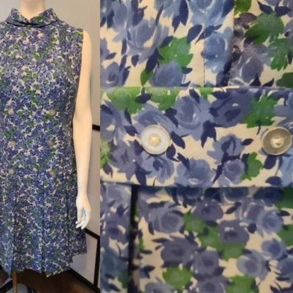 Sale vintage 1960s dress purple blue floral linen blend scooter dress self belt large buttons pleated skirt mod m