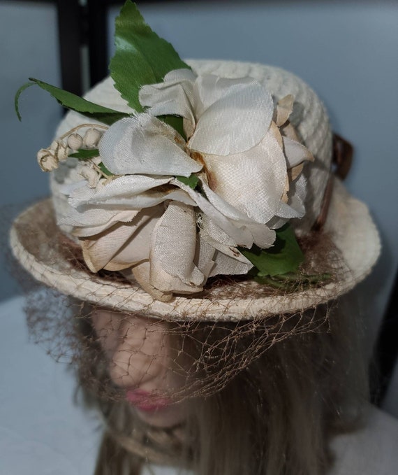 Vintage straw hat 1930s 40s round cream straw hat… - image 7