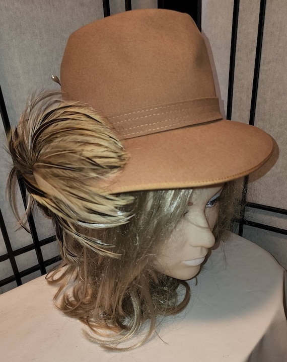 Vintage feather hat 1960s 70s large beige tan wool