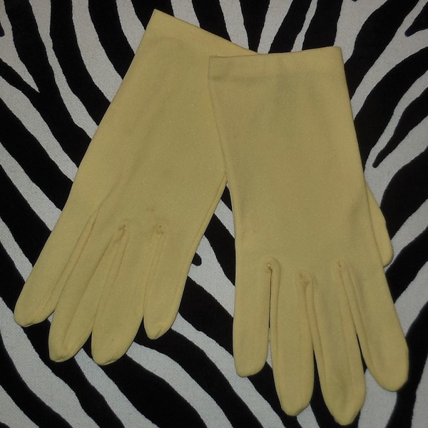 Sale vintage 1960s gloves pale yellow nylon fabric wrist length rockabilly mod 6 1/2 or so