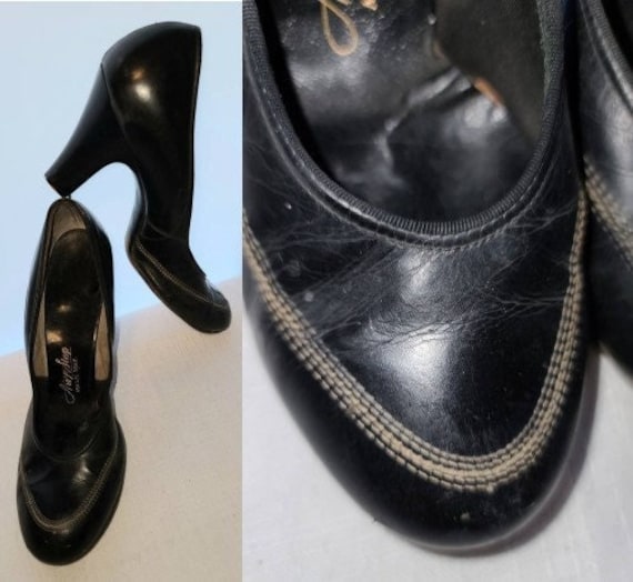 Vintage 1930s 40s shoes black leather round toe p… - image 1