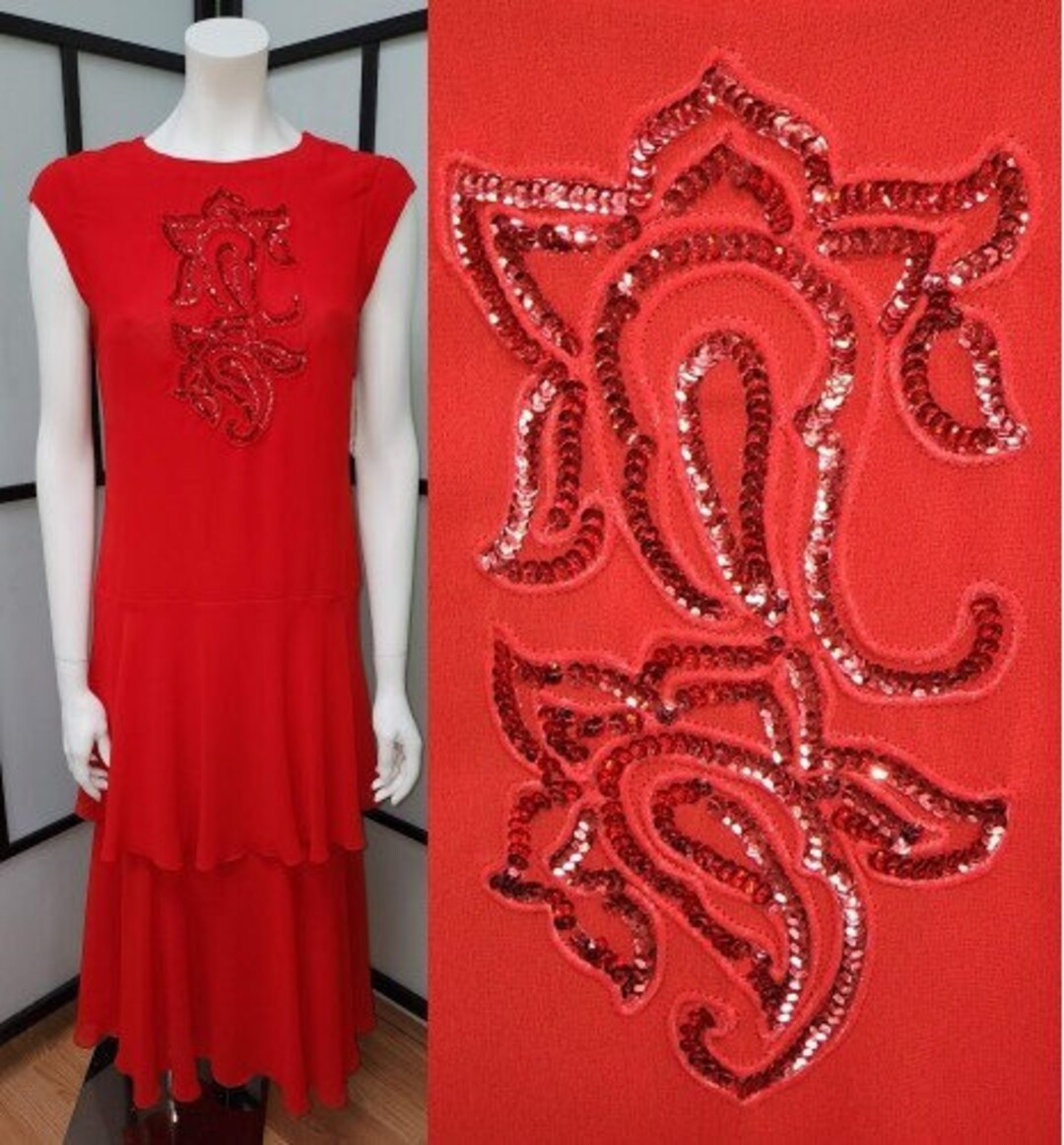 70's Red Sheer Ruffled Peplum Maxi Dress