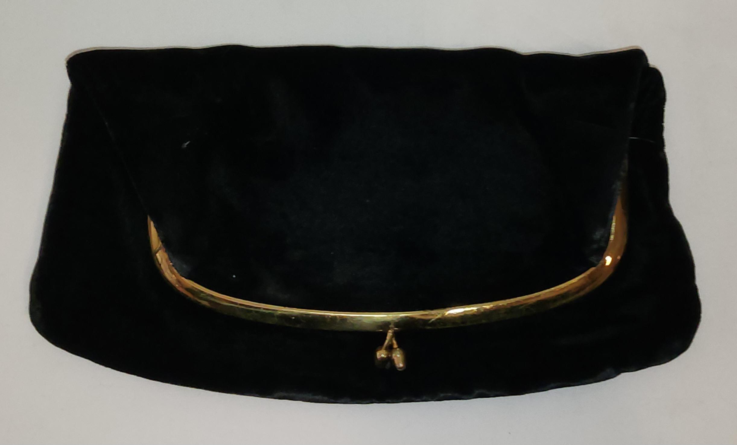 Vintage Clutch Purse 1950s Black Velvet Pouch Foldover