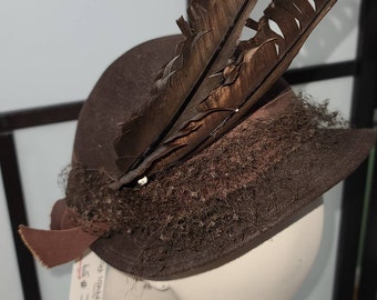 Vintage Feather Hat 1930s Round Brown Felt Bowler Hat Tall Brown Feathers Art Deco 22 in. torn veil