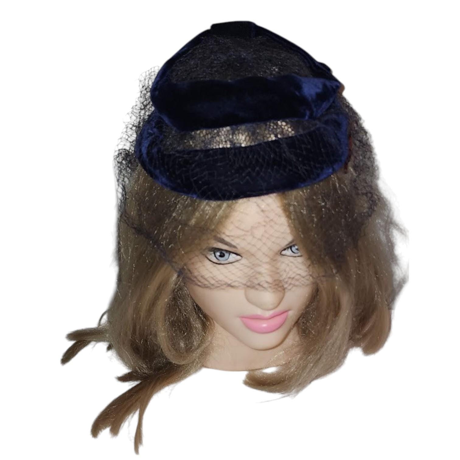 Vintage Fascinator Hat 1950s Dark Blue Velvet Ribbon Bow  display picture 3