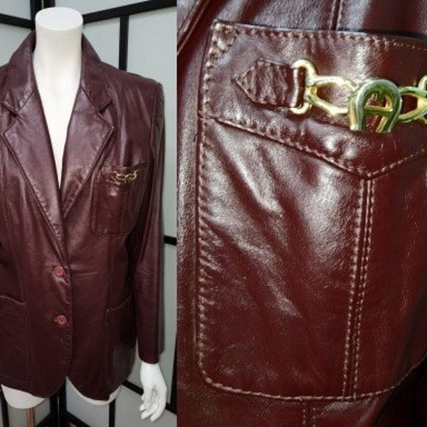 Vintage leather jacket 1970s designer etienne aigner oxblood leather blazer jacket gold metal logos boho l