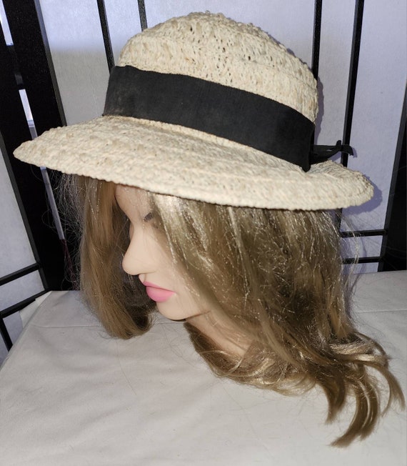 Vintage straw hat 1930s 40s round cream straw bri… - image 6