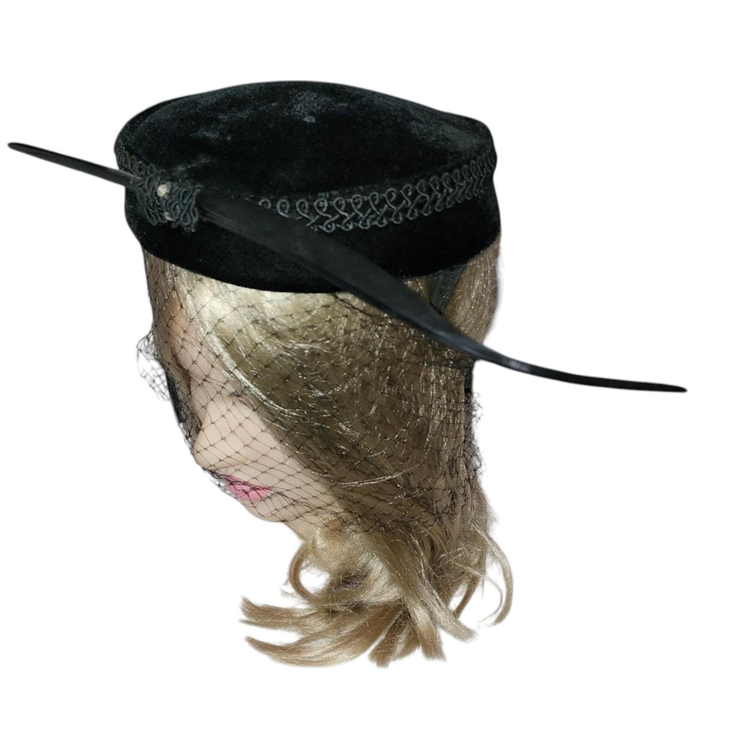 STATELY 1950s\' DESIGNER BLACK VELOUR/BLUE SATIN HAT + LONG FEATHERS Teal Velvet Wide Brim Hat with Satin Rose | The Derby  main image 3