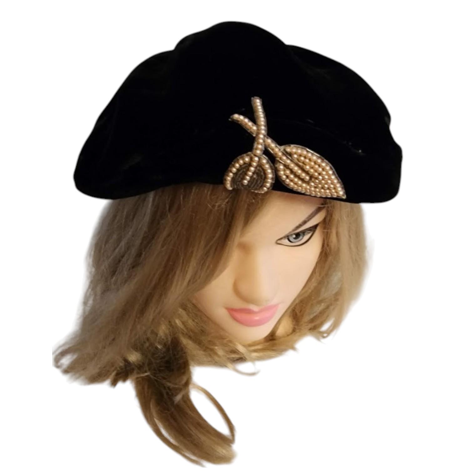 ELEGANT 1950s\' BLACK VELOUR BEADED FELT COCKTAIL HAT Black Velvet Cocktail Hat, Red Rhinestones | Drinks Anyone? main image 3