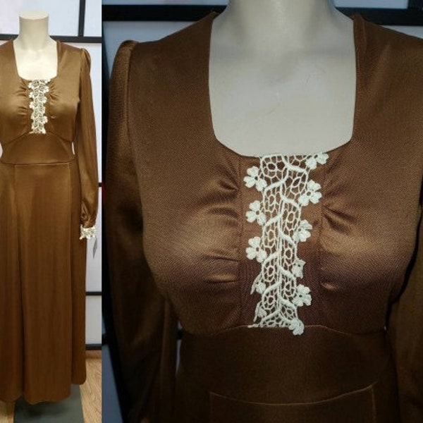 Sale vintage 1970s dress long brown polyester gown cream open lace details ties at back boho maxidress s m chest 37 in.