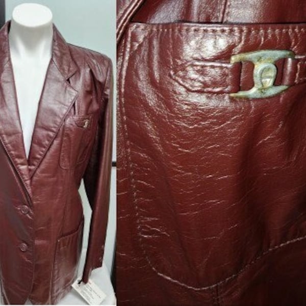 Vintage leather jacket 1970s designer etienne aigner oxblood leather blazer jacket gold metal logos boho l