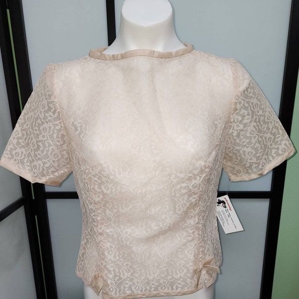 Sale vintage lace top 1950s 60s beige lace back button snap blouse bows german mid century rockabilly l