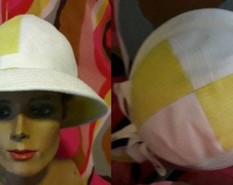 Sale vintage summer hat 1950s 60s bright yellow white wide brim cotton linen bucket hat lg bow mid century 21 in.