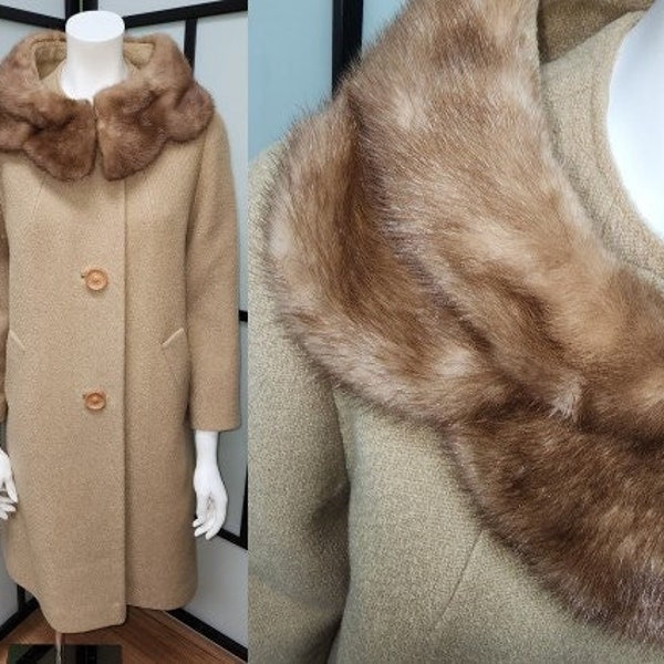 Vintage 1950s coat beige wool coat large honey brown mink fur collar satin embroidered lining mid century rockabilly l