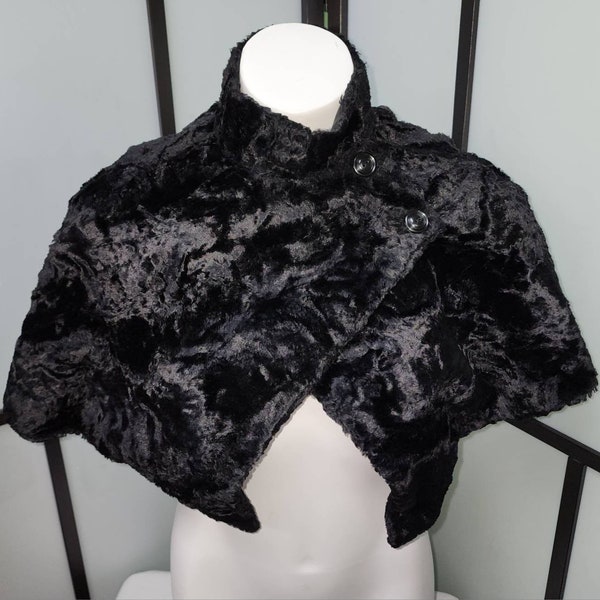 Vintage shoulder cape 1940s 50s small black velvety faux fur shoulder cape victorian style high neck 2 buttons gothic s m