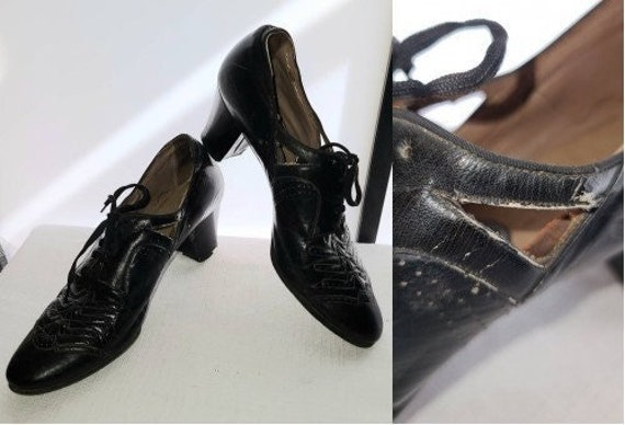 Vintage 1920s 30s shoes black perforated oxford l… - image 1