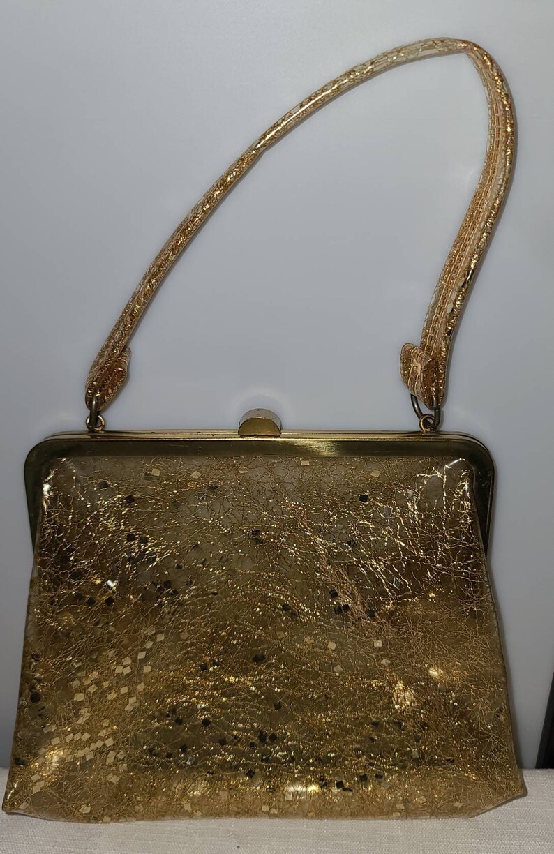 Sale vintage 1950s purse small clear vinyl gold tinsel chunky glitter top handle purse rockabilly image 4