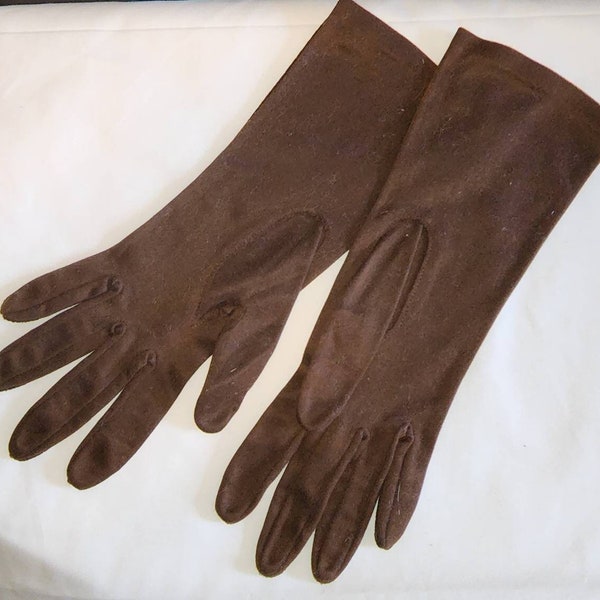 Vintage brown gloves 1950s 60s midlength brown fabric gloves complexion by hansen mid century rockabilly 7