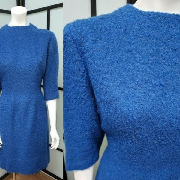 Vintage wool dress 1960s blue mohair wool wiggle dress darted fitted mid century rockabilly m l