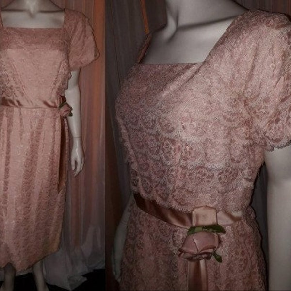 Sale vintage 1950s dress pink tiered lace party wiggle dress satin rose trim mid century rockabilly m