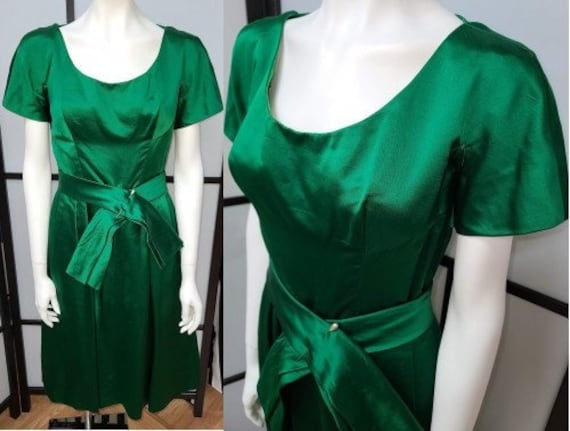 Vintage satin dress 1950s 60s bright green satin … - image 1