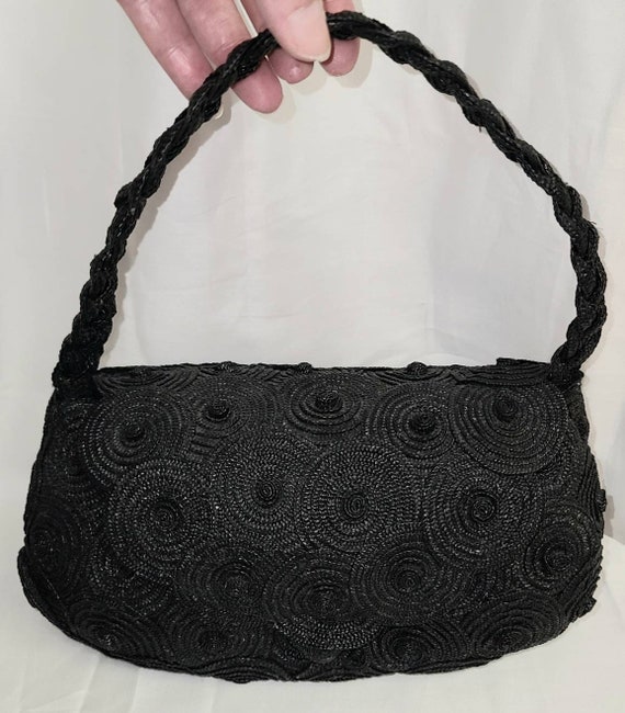 Sale vintage 1950s purse black straw rosette hand… - image 2
