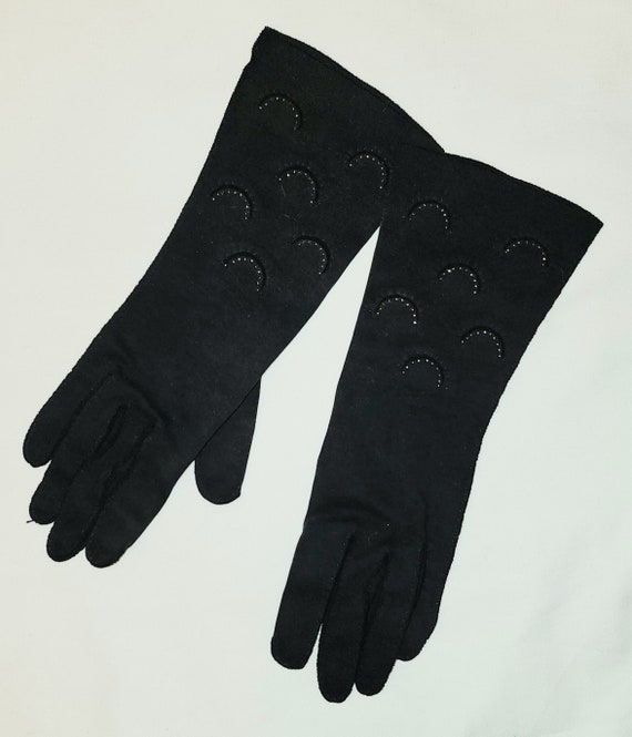 Vintage Beaded Gloves 1940s 50s Black Fabric Midl… - image 5
