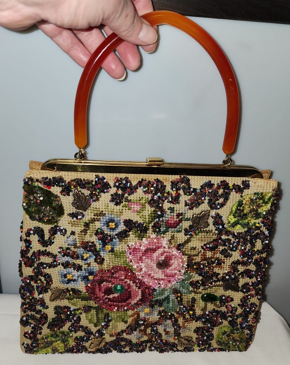 Vintage 1950s purse rose embroidery tiny pebbles … - image 5
