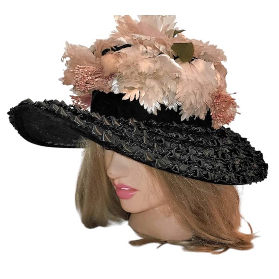 Vintage 1950s wide brimmed black straw hat with white flowers Vintage 1950 main image 2