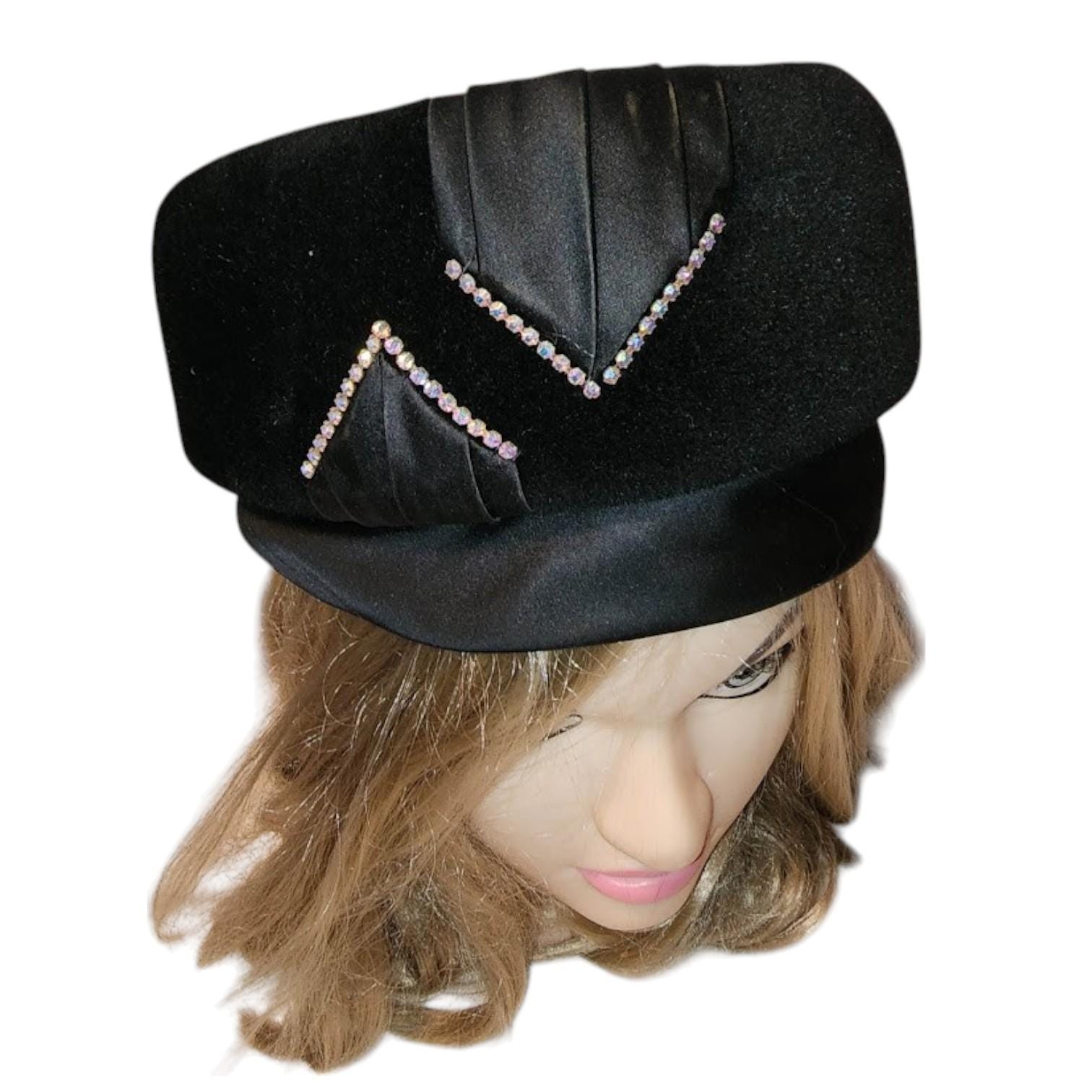 Vintage Black CelloStraw Fascinator-Style Hat Feather Rhinestone Mid Century Hat Elegant Black Beaded Fascinator Hat With Feathers and Veil  main image 2