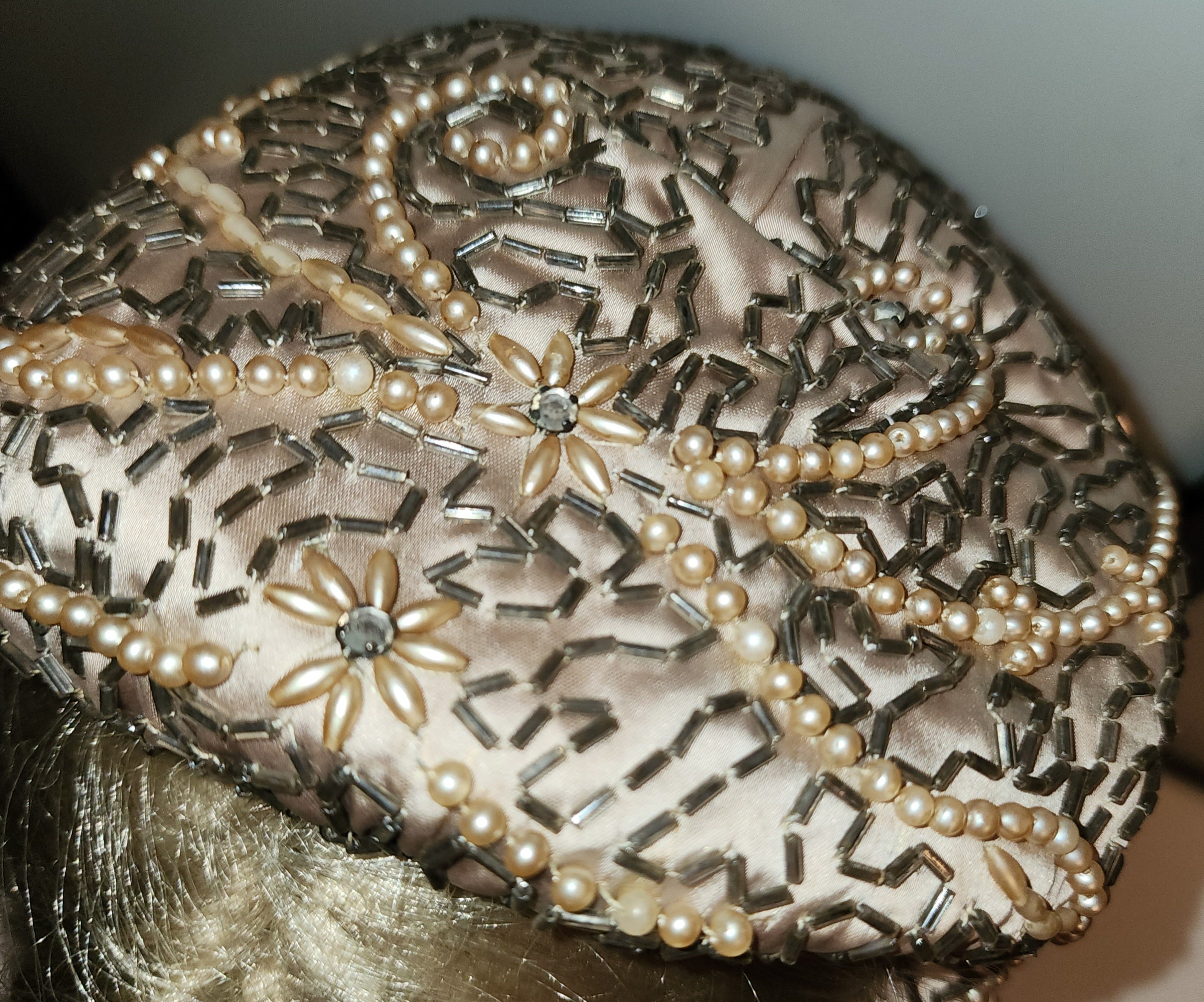 INTRICATELY BEADED 1950s\' ASYMMETRICAL COCKTAIL HAT Vintage Beaded Hat 1950s Asymmetric Beige Satin Cocktail Hat  main image 2