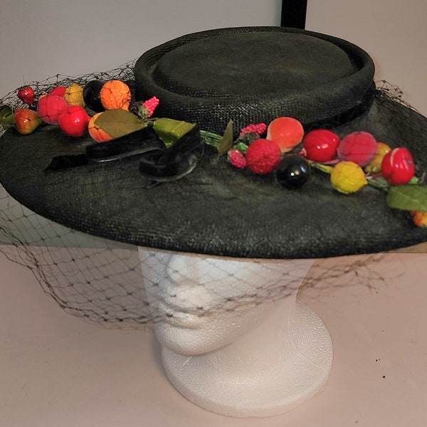 Vintage Fruit Hat Large 1940s Round Black Straw Hat Large Fruit Ornament Cherries Cherry Net Veil Mid Century Art Deco 19 in.