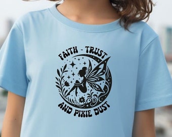 Faith, trust and pixie dust kids short sleeved tee shirt. Soft, yet durable this shirt will wash well.  High quality kids shirt.