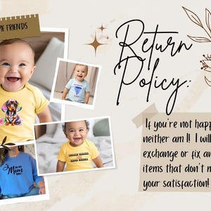 K&ouml;nnte beinhalten: Eine Collage mit l&auml;chelnden Babys in Grafik-T-Shirts und einem blauen Sweatshirt. Die Shirts zeigen einen Dackel, ein Pizzast&uuml;ck und Text. Der Text "Welcome Friends" und "Return Policy" ist ebenfalls sichtbar.