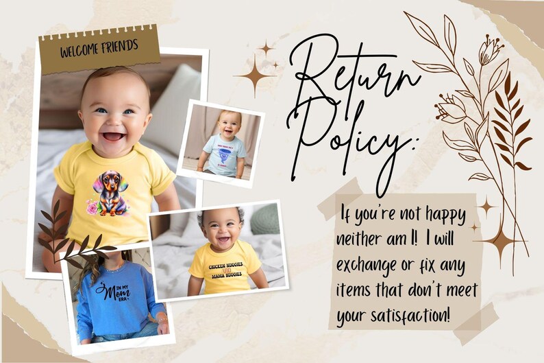 K&ouml;nnte beinhalten: Eine Collage mit l&auml;chelnden Babys in Grafik-T-Shirts und einem blauen Sweatshirt. Die Shirts zeigen einen Dackel, ein Pizzast&uuml;ck und Text. Der Text "Welcome Friends" und "Return Policy" ist ebenfalls sichtbar.