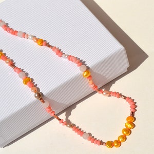 Coral and Yellow Pearl Necklace: Freshwater Pearl Jewelry, June Birthstone