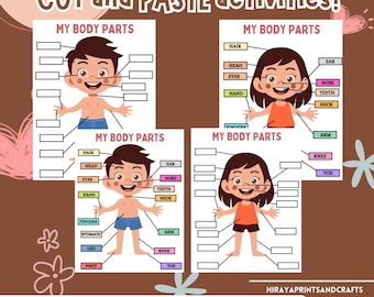 May include: Three printable worksheets for kids to cut and paste body parts. The worksheets feature illustrations of a boy and a girl with blank spaces for the body parts. The text "My Body Parts" is at the top of each worksheet.