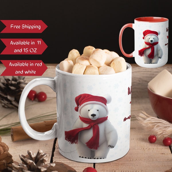 Christmas polar bear coffee mug, Santa bear, Merry Christmas, animal lover, secret Santa, holiday gift, winter themed mug, Xmas present