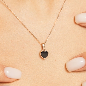 14k Solid Gold Black Onyx Heart Pendant Necklace - Double Sided Heart Necklace for Women - Summer Necklace - Love Pendant Necklace