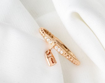 14k Rose Gold Beaded Band Ring with Lock Charm - Diamond Beaded Band Ring Women - Available in Rose Yellow or White Gold Perfect Gift Her