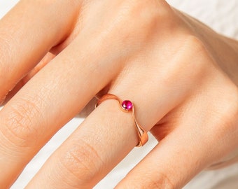 14k Gold Ruby Ring - Round Cut Twist Solitaire Red Ruby Gemstone Ring for Women - Engagement Ring - Stacking Ring - Wedding Ring for Ladie's